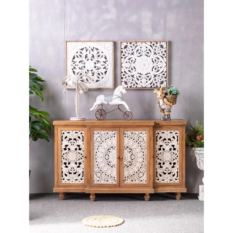 American retro carved solid wood porch cabinet modern living room wall storage locker homestay old wine cabinet shoe cabinet