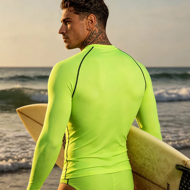 Men's Surfing Sunscreen Wading Suit Anti-Scratch T-Shirt, Long-Sleeved Quick-Drying Compression Swimsuit, Beach Surfing Top-J24