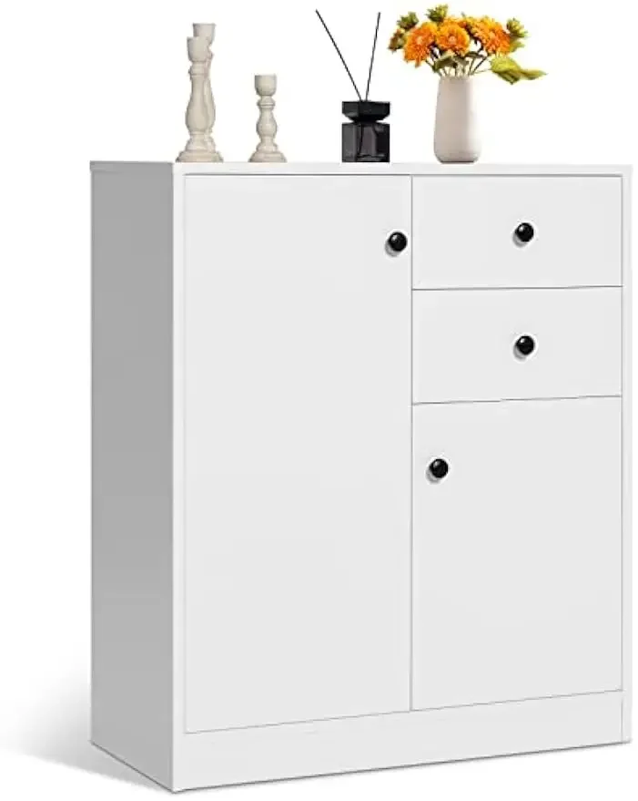 Modern White Floor Storage Cabinet, Accent Cabinet with 2 Drawers, 2 Doors, Adjustable Shelves for Home