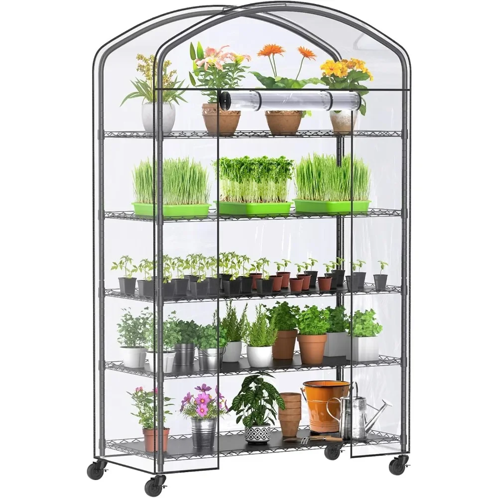 

5-Tier Greenhouse with Caster Wheel, Each Shelf Height Adjustable Metal Plant Shelf with PVC Cover for Seed Starting Tra