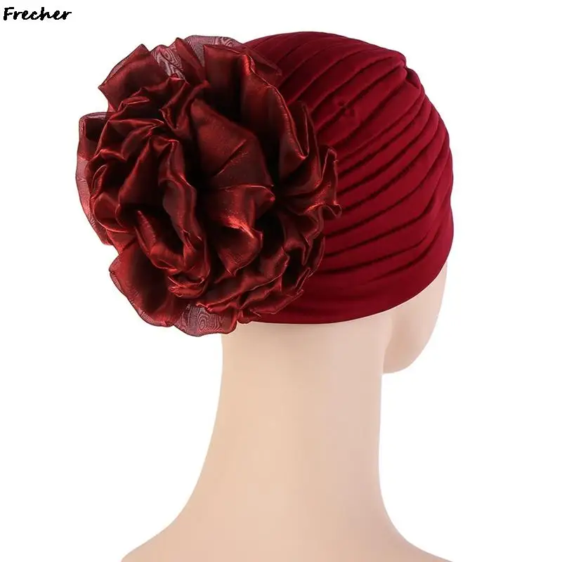 Woman Big Flower Turban Hair Accessories Elastic Cloth Hair Bands Hat Soft Beanie Ladies Muslim Solid Hair Loss Scarf Cap 2022