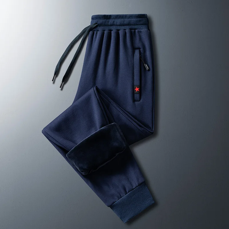 Men's Autumn Winter Flocking Solid Elastic High Waist Pockets Zipper Geometric Shape Casual Loose Sports Trousers Fashion Pants