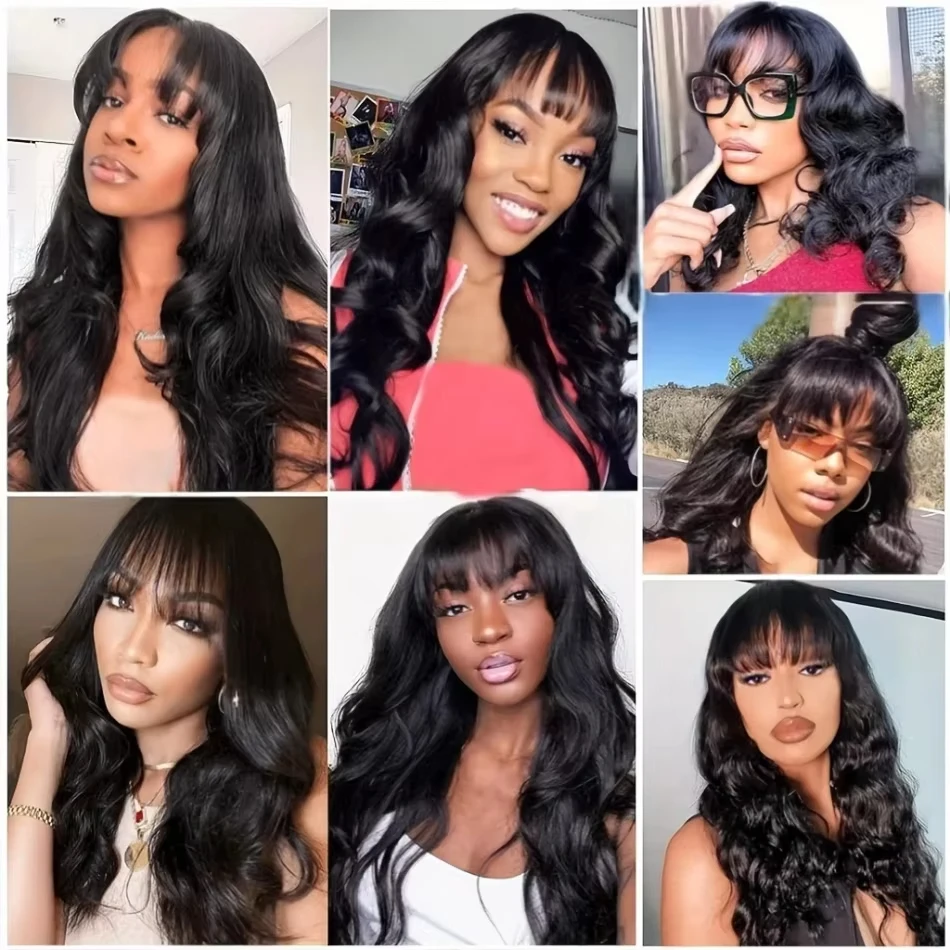 Body Wave Human Hair Wigs With Bangs Brazilian Remy Hair Wigs Machine Made Wig Natural Color For Women 200% Density image 6