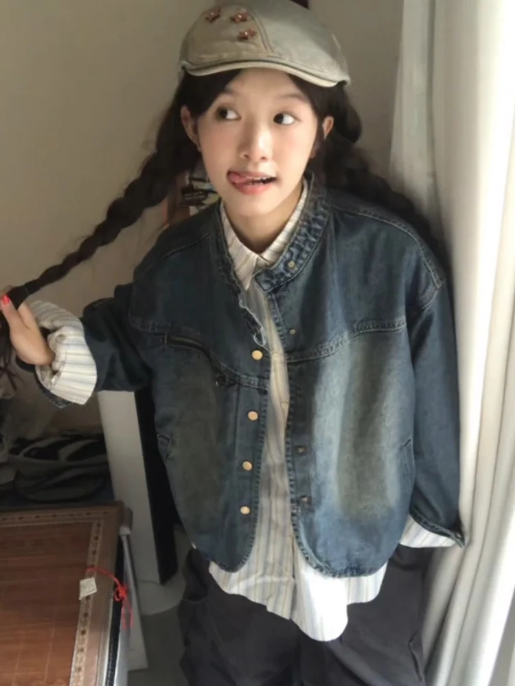 

Denim Coats For Ladies Womens Winter Plush Quilted Cropped Steampunk Button-Embellished Mountaineering Four-Pocket Turtleneck OL