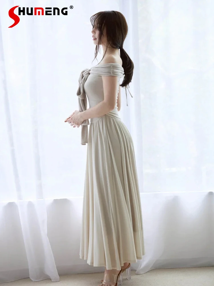 

2025 Japanese Style Fashion Sweet Long Dress Summer Woman's Slim Fit Elegant Bow Lace-up Off-Shoulder Dress Daily Casual Dress