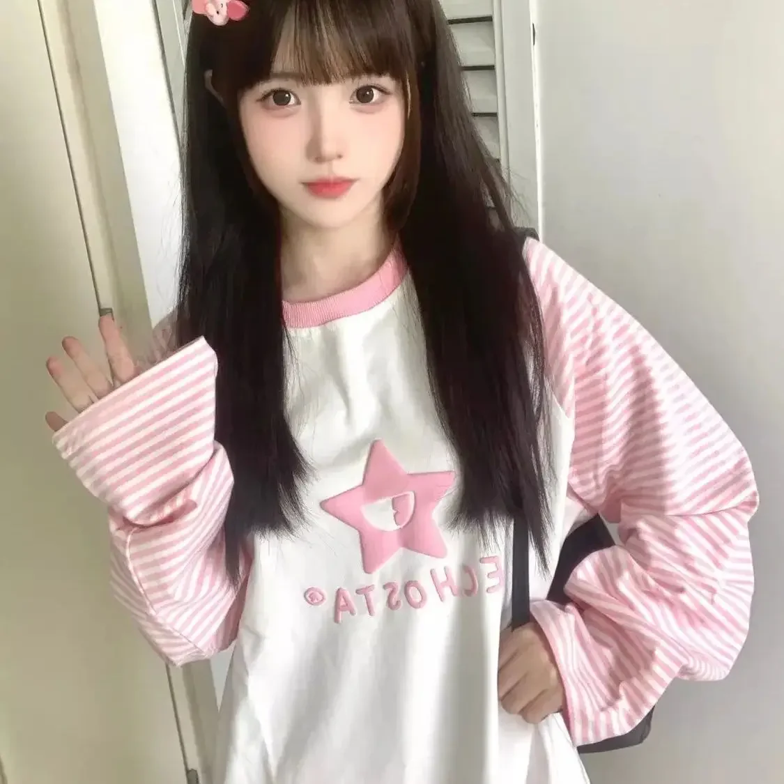 Japanese Fashion Pink House Series Cute Loose Autumn Winter Casual Long Sleeved Women Sweater Women T Shirt Y2K Top Harajuku