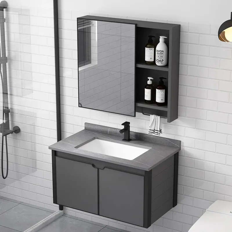 Space Aluminum Bathroom Vanity with Sintered Stone Integrated Basin Modern Smart Washstand for Home Bath Room Storage