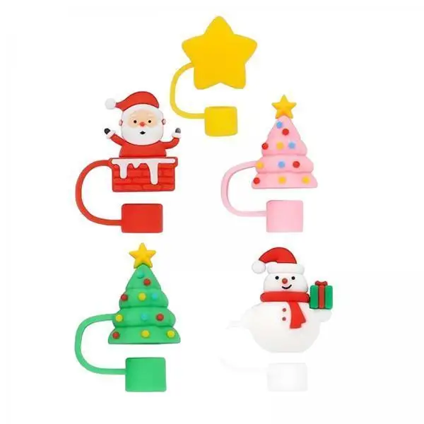 6x Christmas Straw Cover Caps Reusable Splashproof Family Gift Fits 10mm Straws Soft Silicone Straw Lids Drinking Straw Toppers
