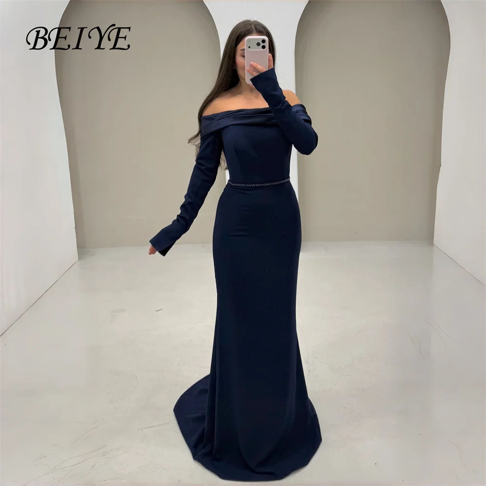 

BEIYE Classic Navy Blue Mermaid Evening Dress Beading Long Sleeve Off The Shoulder Party Gown Customized فساتين سهرا