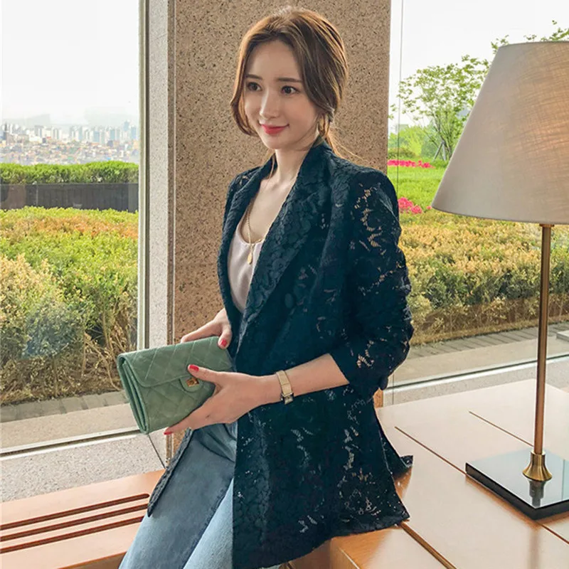 

Sun Protection Hollow out Lace Air Conditioning Outerwear Double Buttoned Women's Long Sleeve Suit Jacket Simple Korean Style