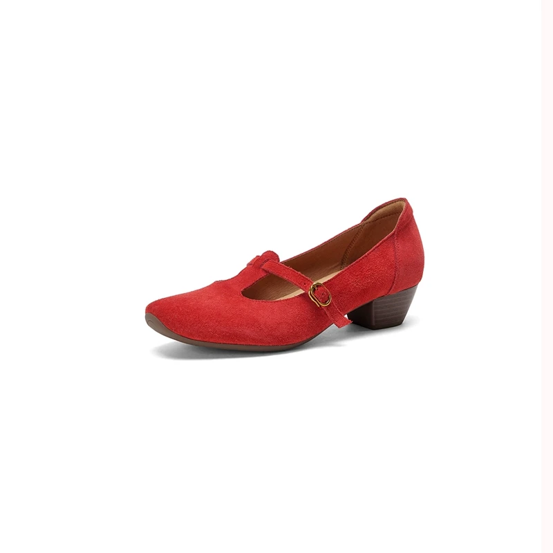 2026 New Women's Natural Suede Leather Narrow Band T-strap Slip-on Pumps 4cm Thick Med Heel Retro Style Daily Heels Dress Shoes