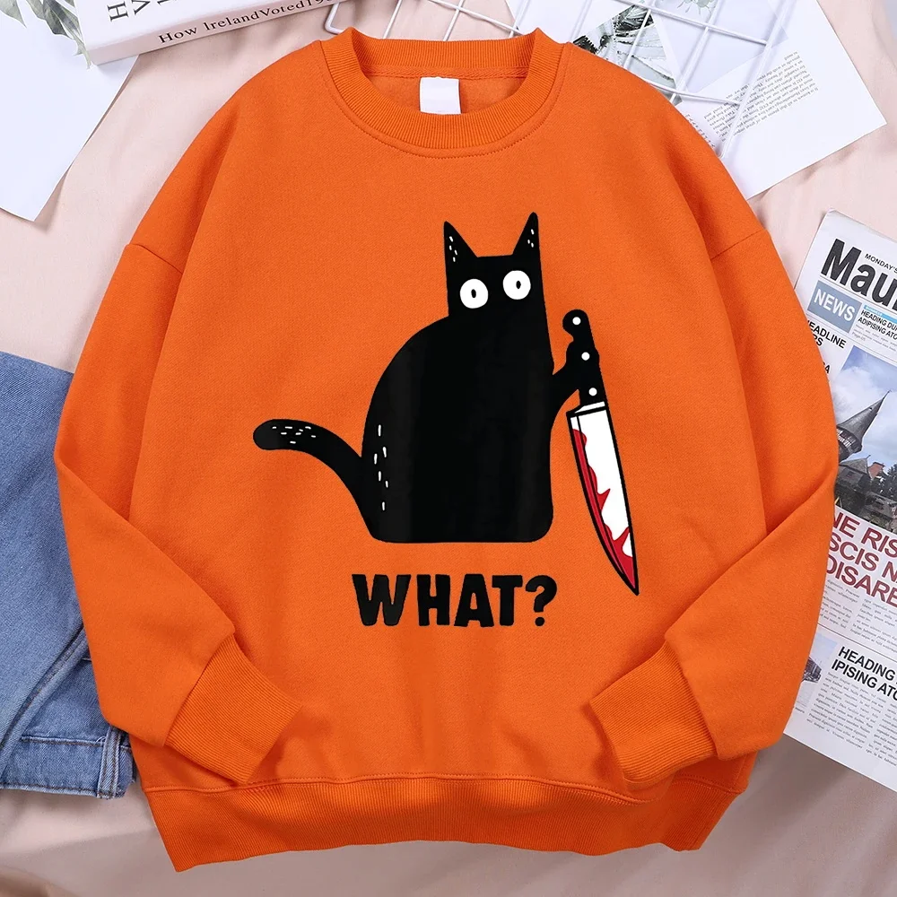 What black knife cat print men's round neck top hip-hop loose clothing warm autumn and winter hoodie oversized casual pullover h