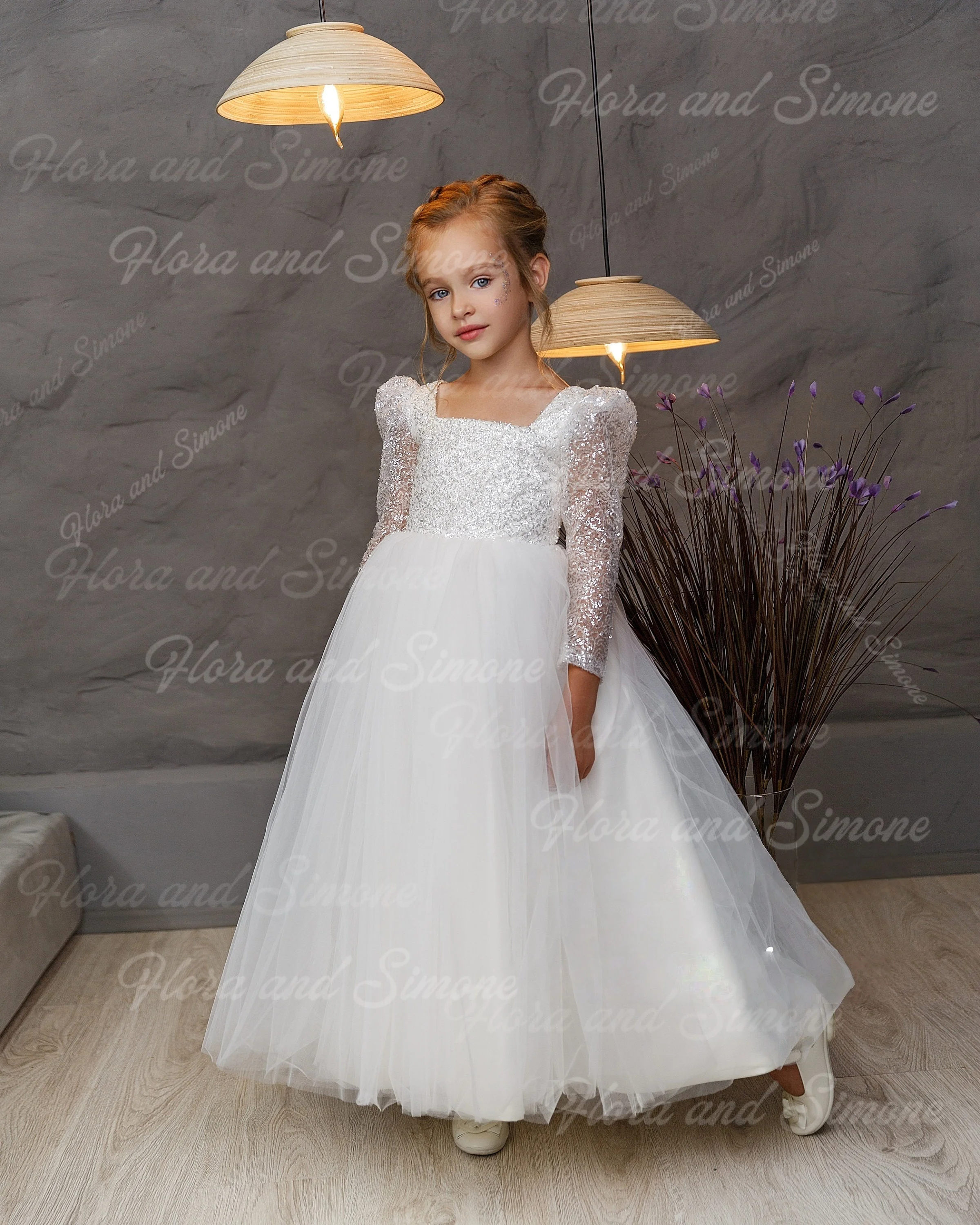 Robe de princesse élégante et brillante, manches longues, avec nœud, à fleurs, pour cérémonie de mariage, cadeau d'anniversaire, célébration de noël