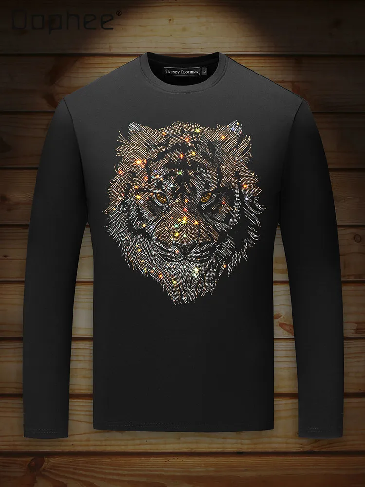 Spring Autumn New Fashion Men Tiger Head Rhinestone Long Sleeve T-Shirt Black White Casual Fitted Street Round Neck Tops