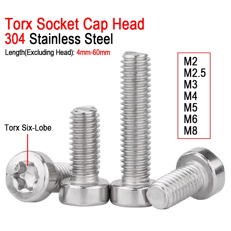 304 Stainless Steel Six-Lobe Torx Anti-Theft Security Socket Cap Screws, Cylindrical Head Tamper Proof Bolts M2 M2.5 M3 M4 M5 M6