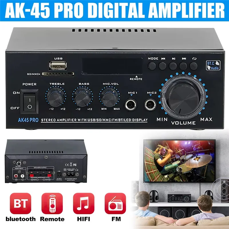 DIGIT-Ak45pro Digital Amplifier Home Theater Channel 2.0 Bluetooth Stereo Hifi Audio Sound Amplifier For Car Karaoke EU Plug