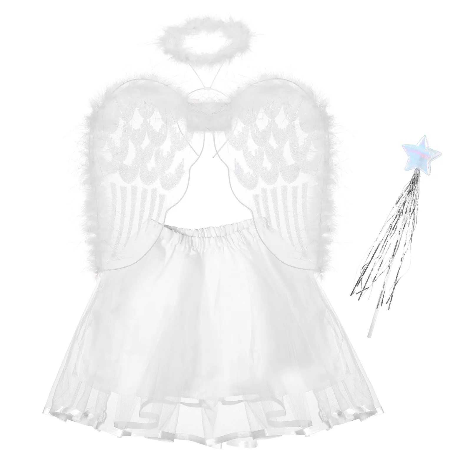 4Pcs Angel Skirt Costume Set Fairy Wings Headband Wand Outfit for Girls Birthday Party Cosplay Dress Angel Fairy Costume