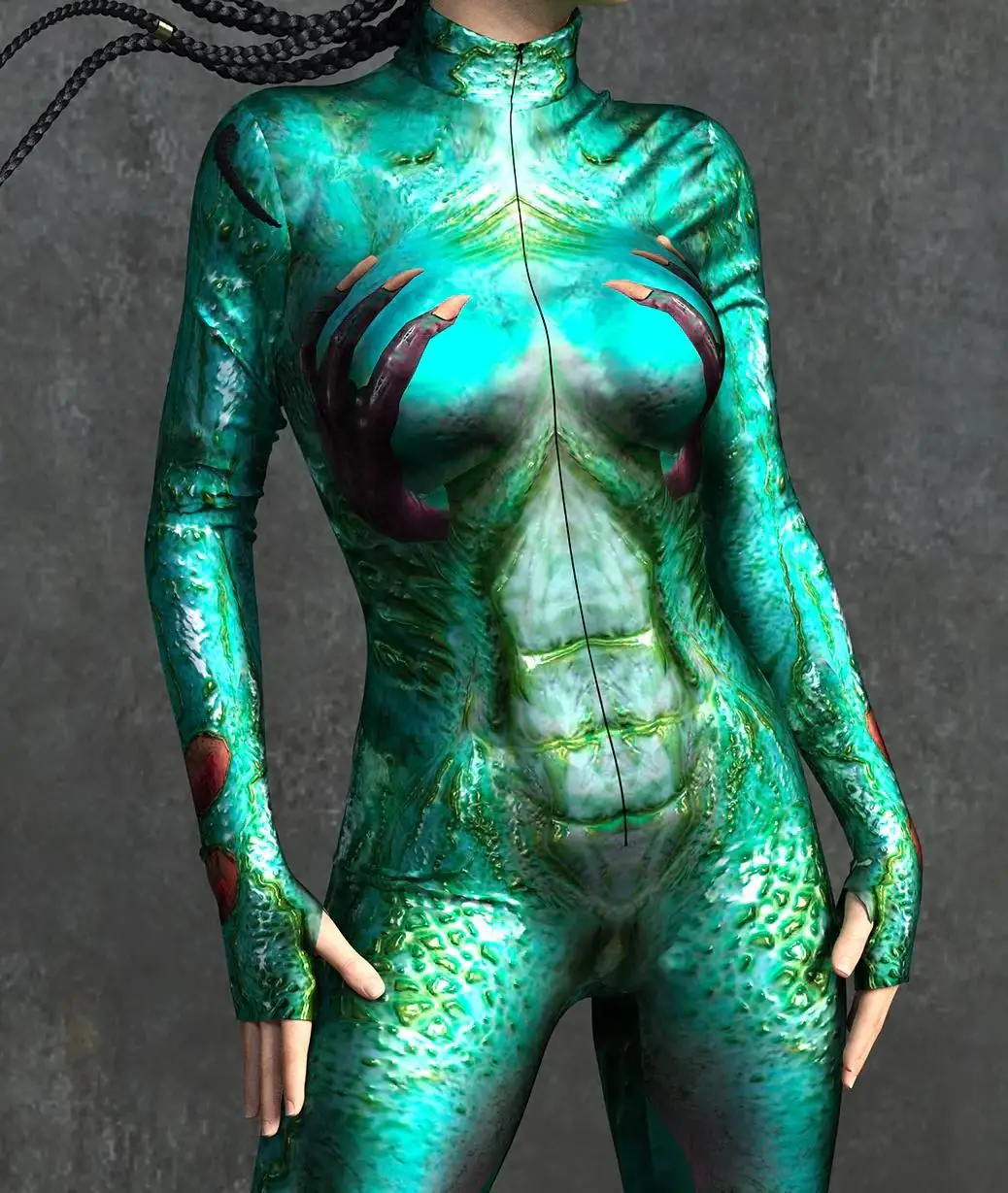 Horror-Monster Damen Cosplay Punk-Rüstungs-Jumpsuit Kostüm Elastischer Festtags-Party-Auftritts-Bodysuit Overall Zentai – Detail 9
