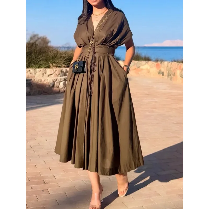 Sukienka damska w stylu retro z wiązaniem w talii, krótki rękaw, guziki, letnia moda, elegancka sukienka w stylu high street 2025