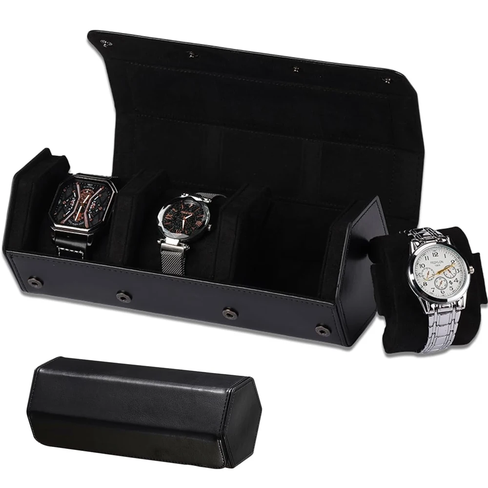 Hexagonal Leather Watch Roll Case for Men - 1/2/3/6 Slots Travel Watch Box Fits 50mm Watches Portable Storage Organizer