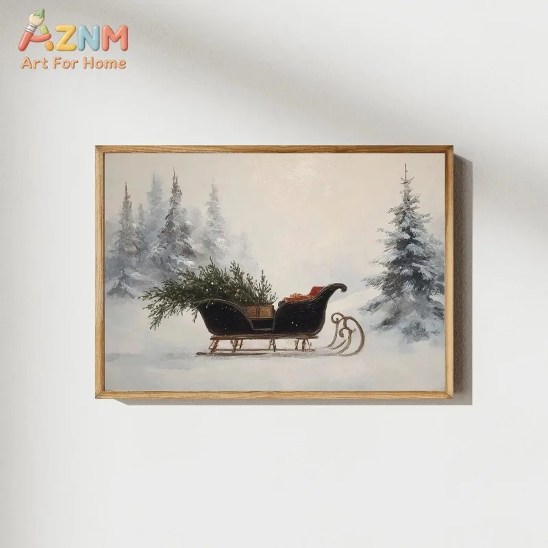 Christmas Sleigh Carrying Fir Tree in Snowy Pine Forest Print Winter Scene Unframed Canvas Wall Art for Living Room Home Decor