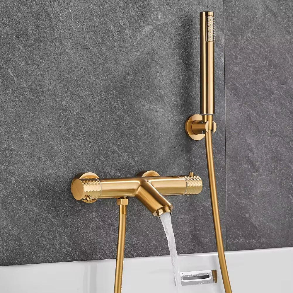 Gold Brushed Thermostatic Shower Hot and Cold Waterfall Tub Spout Faucets Handheld Sprayer Bathroom Filler Rough-in Valve Mixer