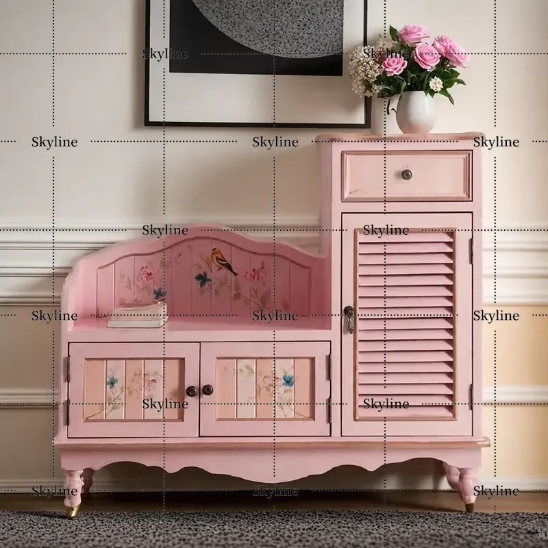 for American Rural Solid Wood Shoe Changing Stool Pink Hand Painted Entrance Cabinet Shoe Cabinet Integrated Home Storage