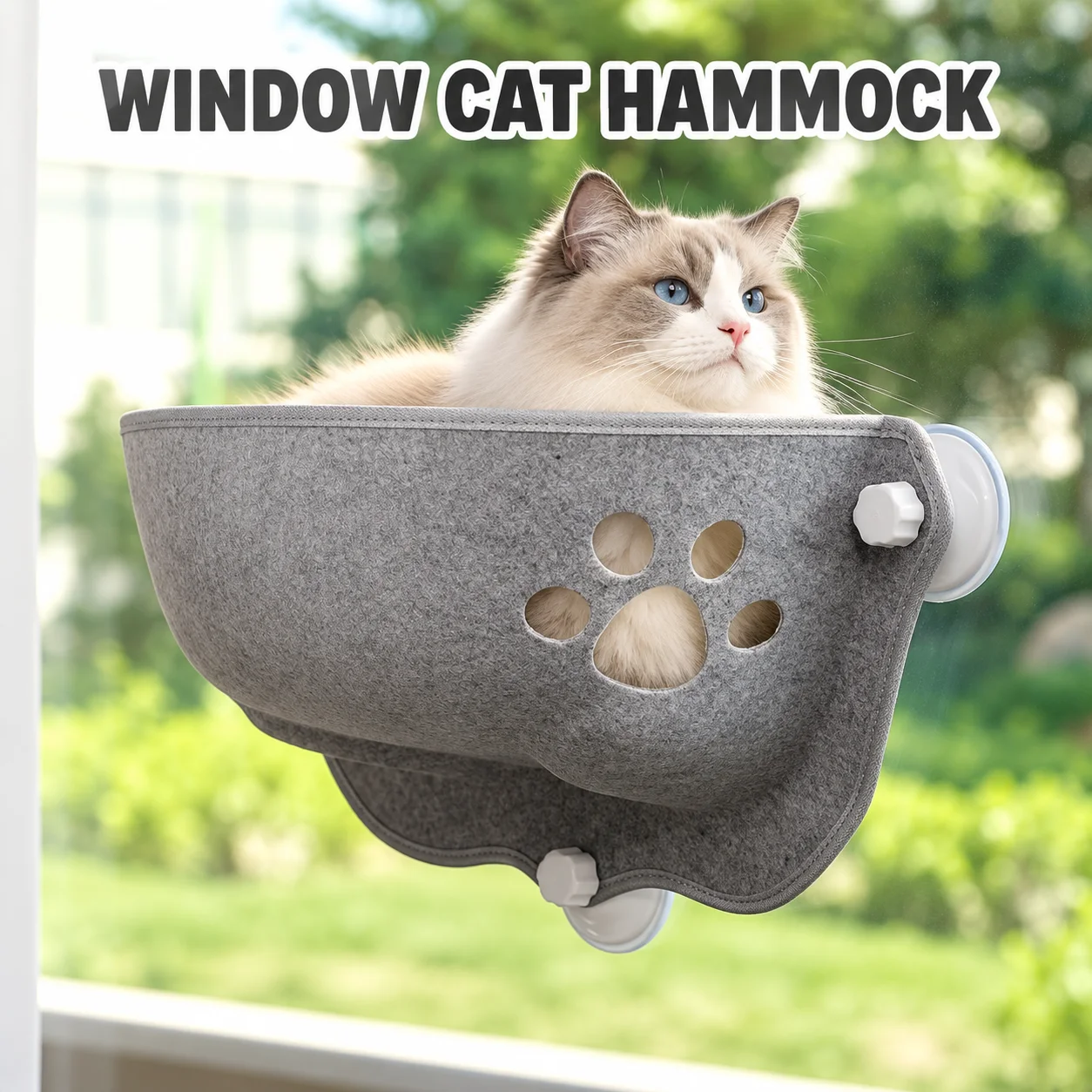 Gray Cat Window Hammock, Soft Felt Suction Cup Bed with Paw-Shaped Opening, Space-Saving Window Perch for Indoor Cats