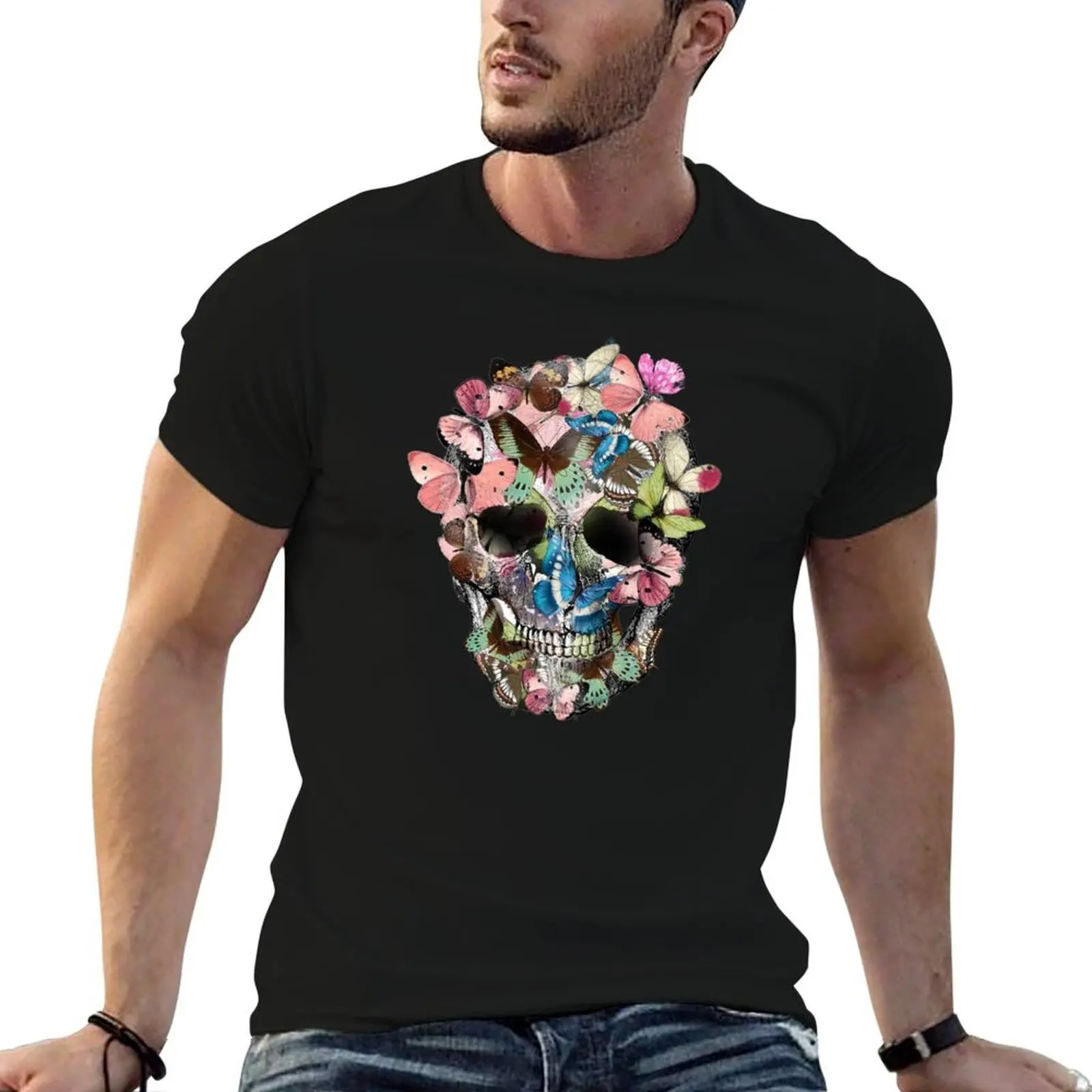 Sage Tribe Skull With Butterflies T-Shirt t shirts for man slim fit cotton t shirt pack cotton tshirt 100% T-shirt