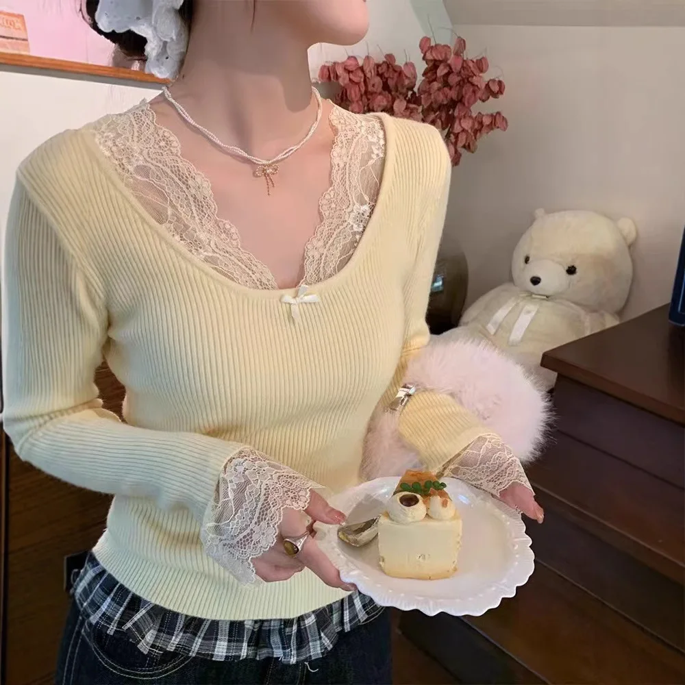 

2026 Hot New Pure Desire V Neck Bow Lace Girls Long Sleeve Base Shirt Comfortable Versatile Knitted Undershirt