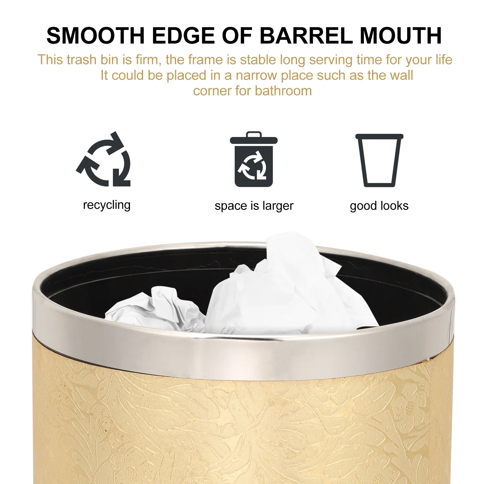 

European Style Double Layer Waste Bin Fireproof Large Capacity Household Trash Can Round Gold Garbage Container with Non-Slip