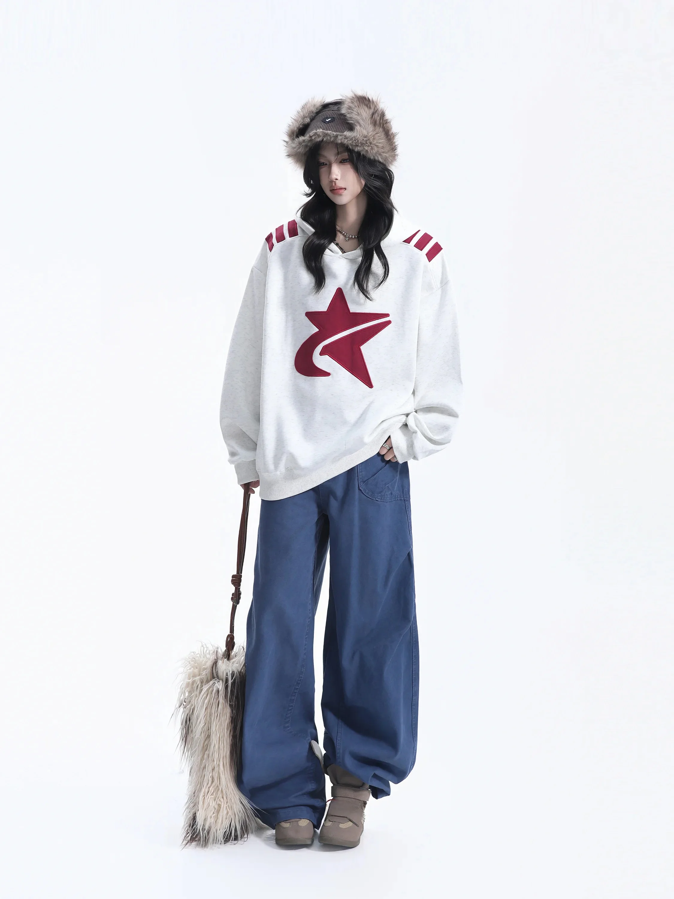 Small Ball American Style Star Patch Embroidered Hoodie Women's Trendy Oversize Couple Match Hat Shirt Cotton Polyester