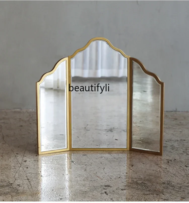 

cqyNEW Nordic desktop bedroom retro makeup light luxury wall-mounted bathroom desktop vertical folding dressing 3-face mirror