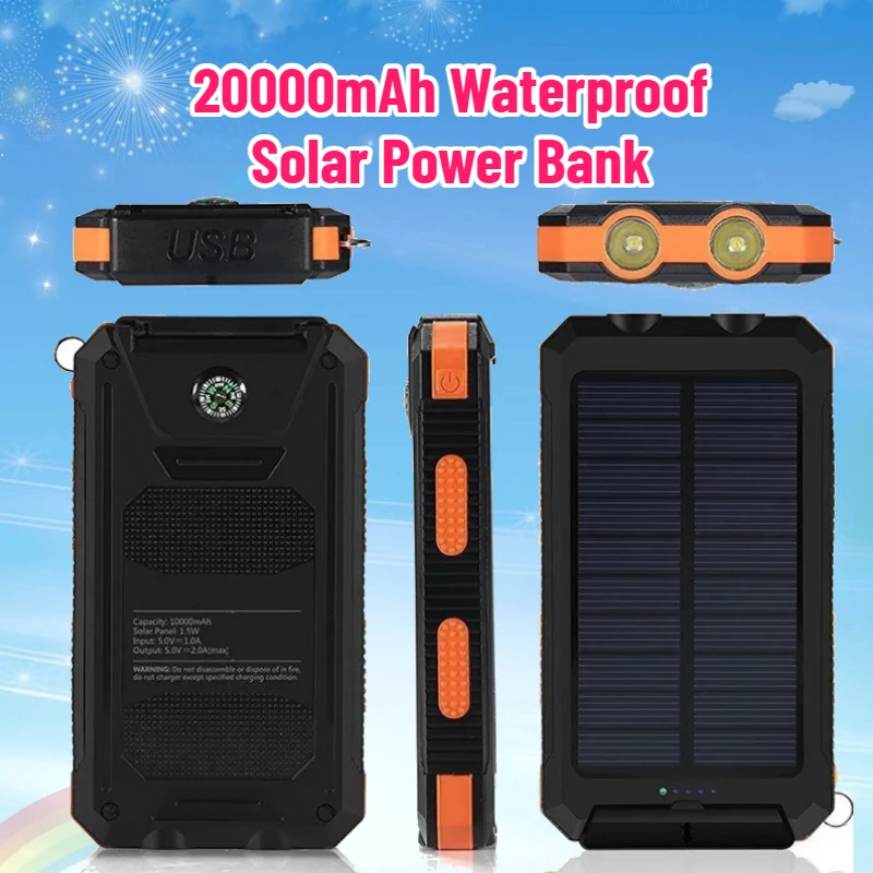 

20000mAh Waterproof Solar Power Bank Portable Charging Power Bank USB PoverBank External Battery Charger for IPhone Xiaomi