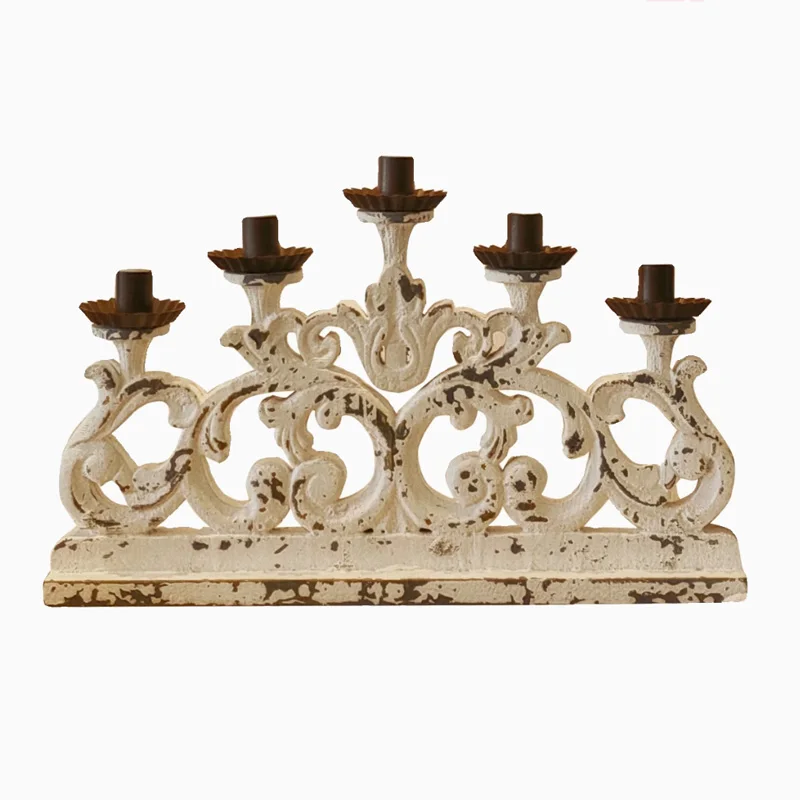 

Vintage Decorative 5-Candle Holder, French Style Carved Wood, Distressed White, 19x2x13 inches