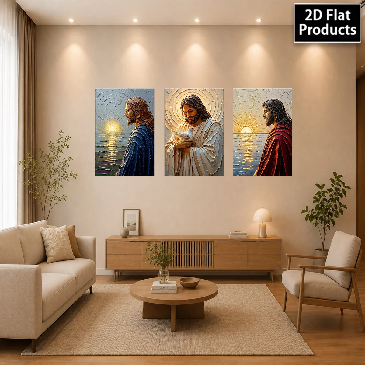 Frameless 2D Flat 3pc  Canvas Wall Art – Three panels show Jesus in different robes with sunsets and a dove perfect for aesth