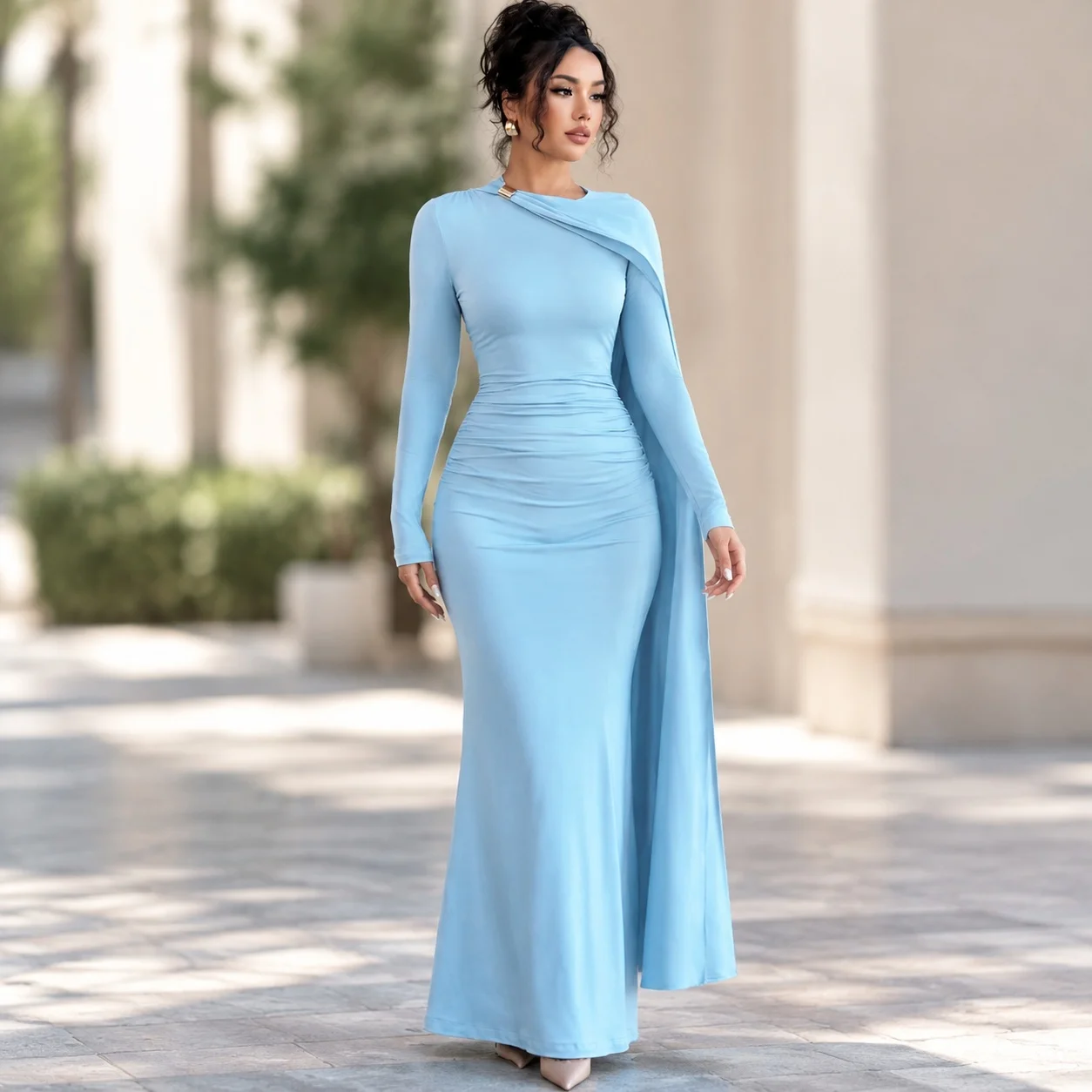 Tie Dye Dress Long Sleeve Relaxed Fit Individual Streetwear with Regular Sleeve Asymmetrical Mid Waist One Dress for Women