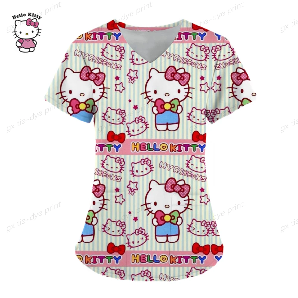 Hello Kitty Print surgical uniforms pharmacy hospital nurse scrubs tops breathable beauty salon dentistry pet doctor overalls