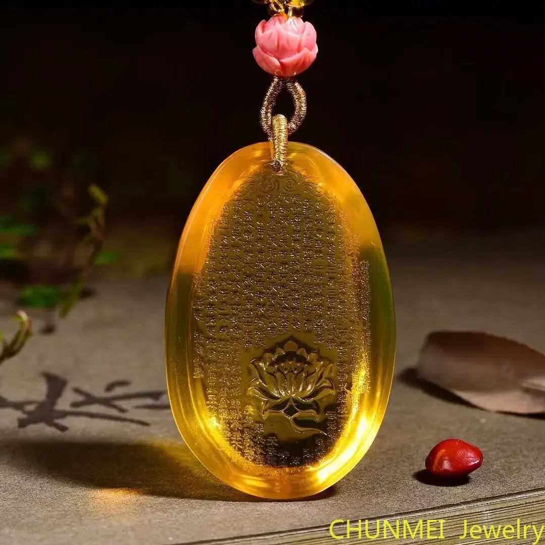 Buddhism Original Golden Amber Heart Sutra Brand 5A Purified Water Lotus Amber Pendant Women Beeswax Pendant for Men Folk Style