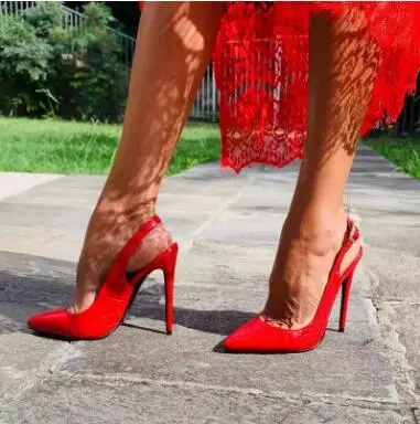 

Elegant Women Red Snakeskin Leather Slingback High Heels Pumps Female Pointed Toe Ankle Buckle Strap High Heel Sandals Shoes