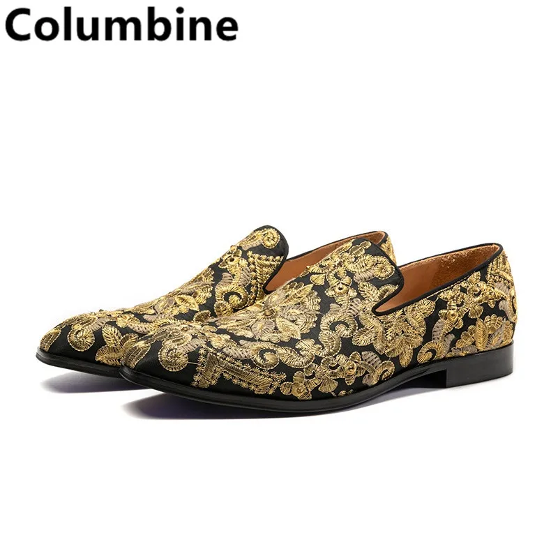 

Fashion Men Hand-embroidered Canvas Casual Shoes Stud Crystal Gold Shoes Embroidery Shoes Comfort Men Loafers Floral Flats