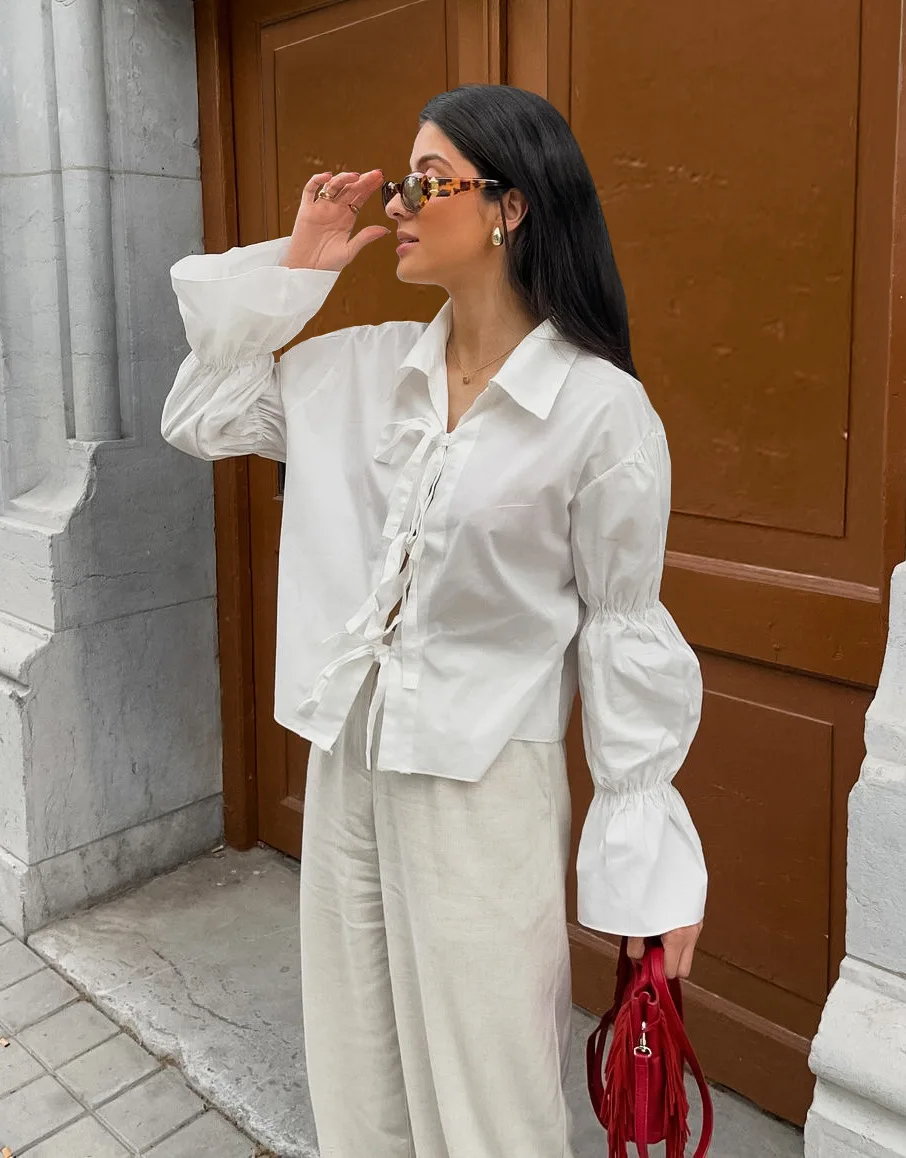 

Блузка с пышными рукавами и узлом спереди, женская летняя одежда, модные рубашки, блузки, женские повседневные уличные топы, рубашки 2025