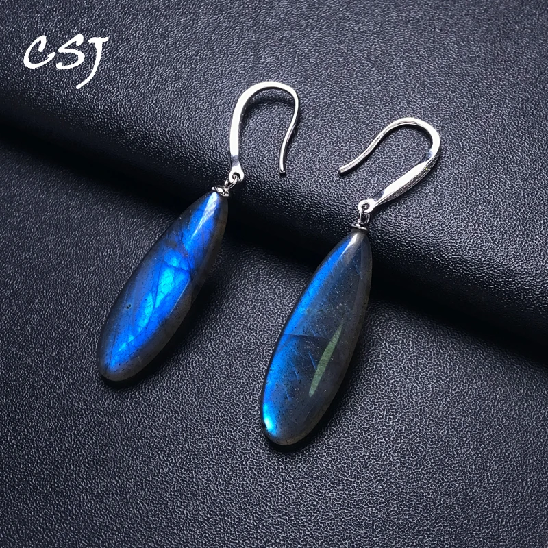 

100% Natural Labradorite Dangle Earring Sterling 925 Silver Long Stone 10*30mm for Women Birthday Party Trendy Jewelry Gift