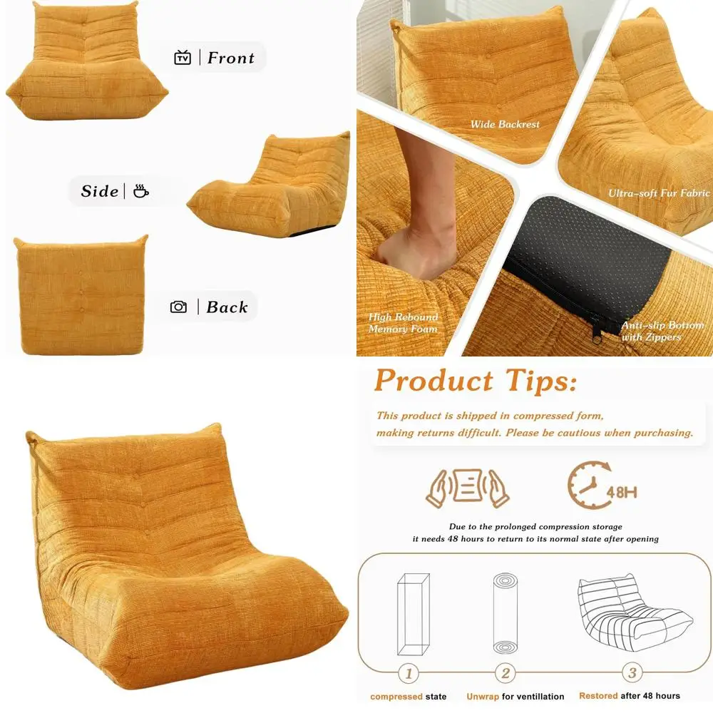 Adult Ergonomic Memory Foam Bean Bag Chair - Modern Yellow Lounger for Living Room, Bedroom, and Office