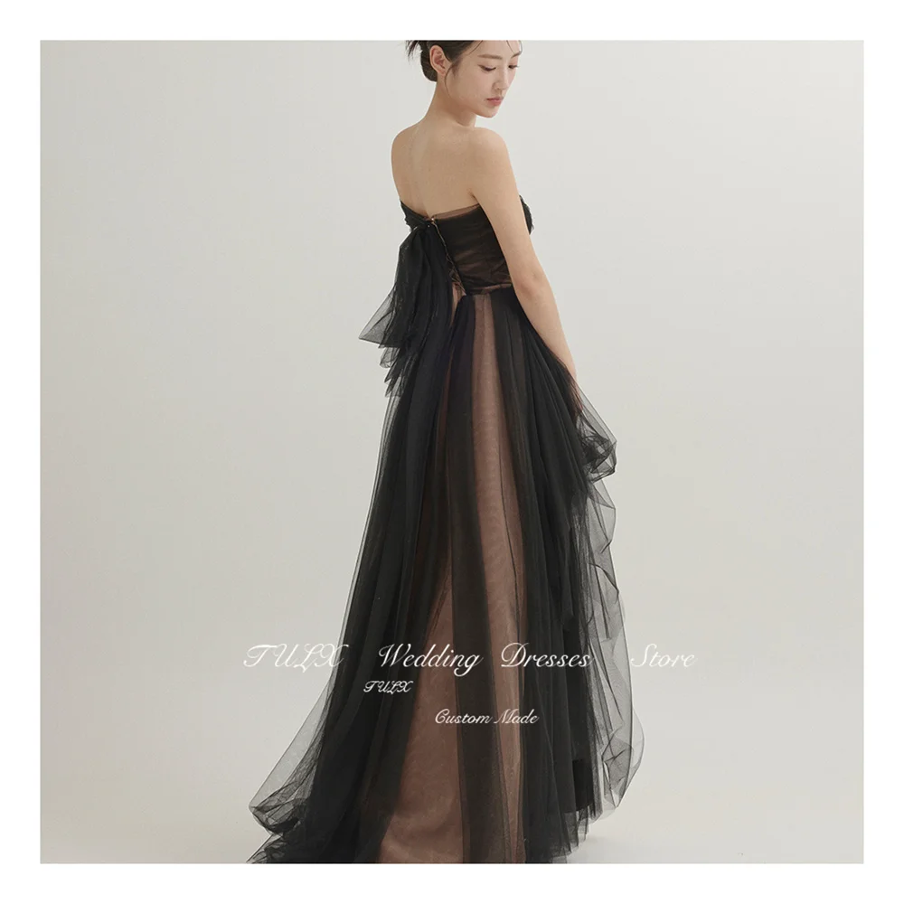 TULX One Shoulder Fairy Black Evening Dresses Wedding Photo shoot Tulle Korea Party Formal Prom Gowns Corset Back Floor Length