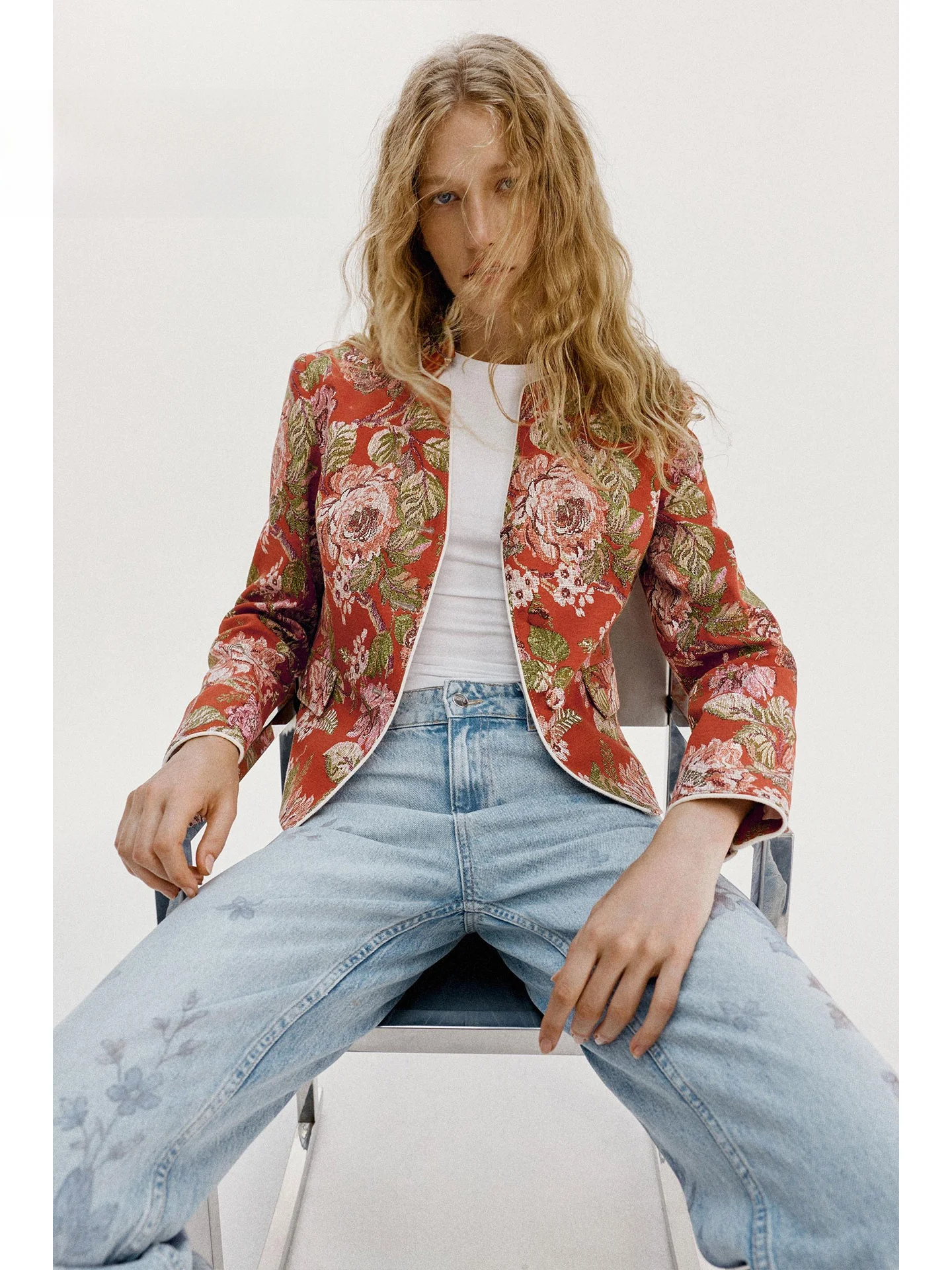 Retro Floral Print Stand Collar Color Block Pocket Design Women's Jacket Casual Style Short Length Standard Fit Autumn Outerwear