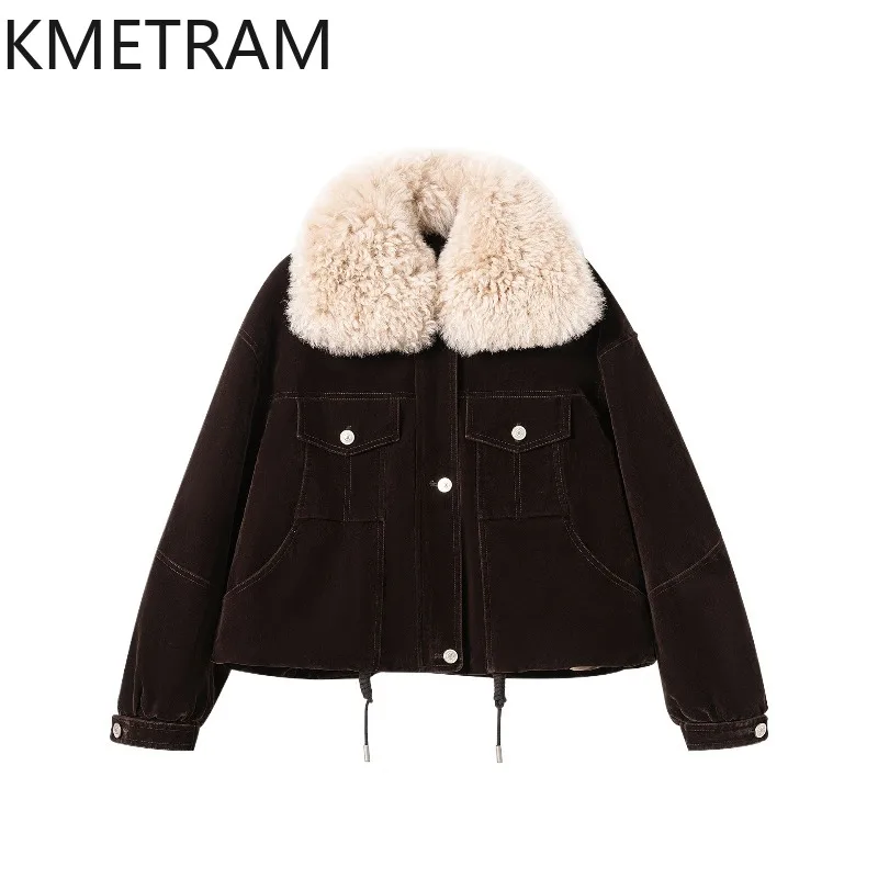 KMETRAM 90% White Goose Down Puffer Jacket with Sheep Shearling Winter Down Jackets Woman Clothing Old Money Style Outerwear 패딩