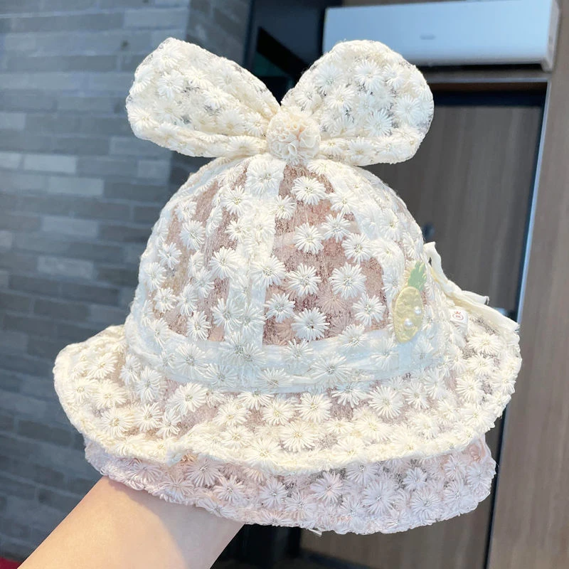 

Детская кружевная шляпа рыбака, головные уборы принцессы для девочек, реквизит для фотосессии, От 3 до 24 месяцев, летние полые солнцезащитные козырьки для младенцев, детская кепка с бантом для бассейна