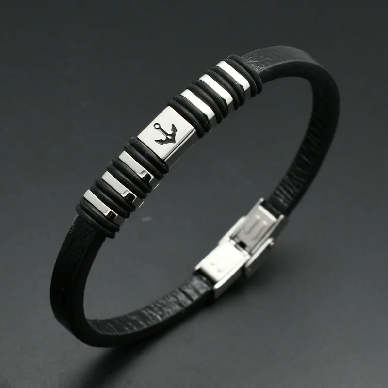 8mm Wide Black Genuine Leather With Anchor Rudder Engraved Stainless Steel Bracelet For Men Jewelry