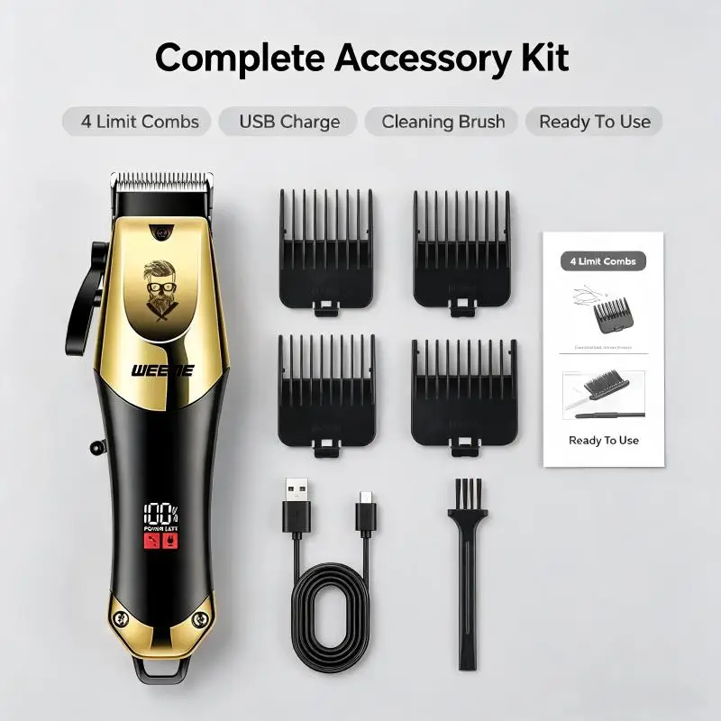 Professional Hair Clipper Cordless Electric Hair Trimmer USB Rechargeable Hair Cutting Machine with 4 Limit Combs for Men Salon